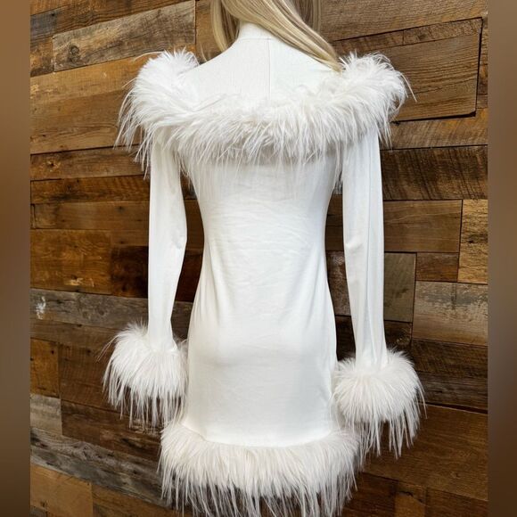Beyond Envy Bodycon Elegant White Off-Shoulder Dress with Feather Trim - Picture 1 of 12